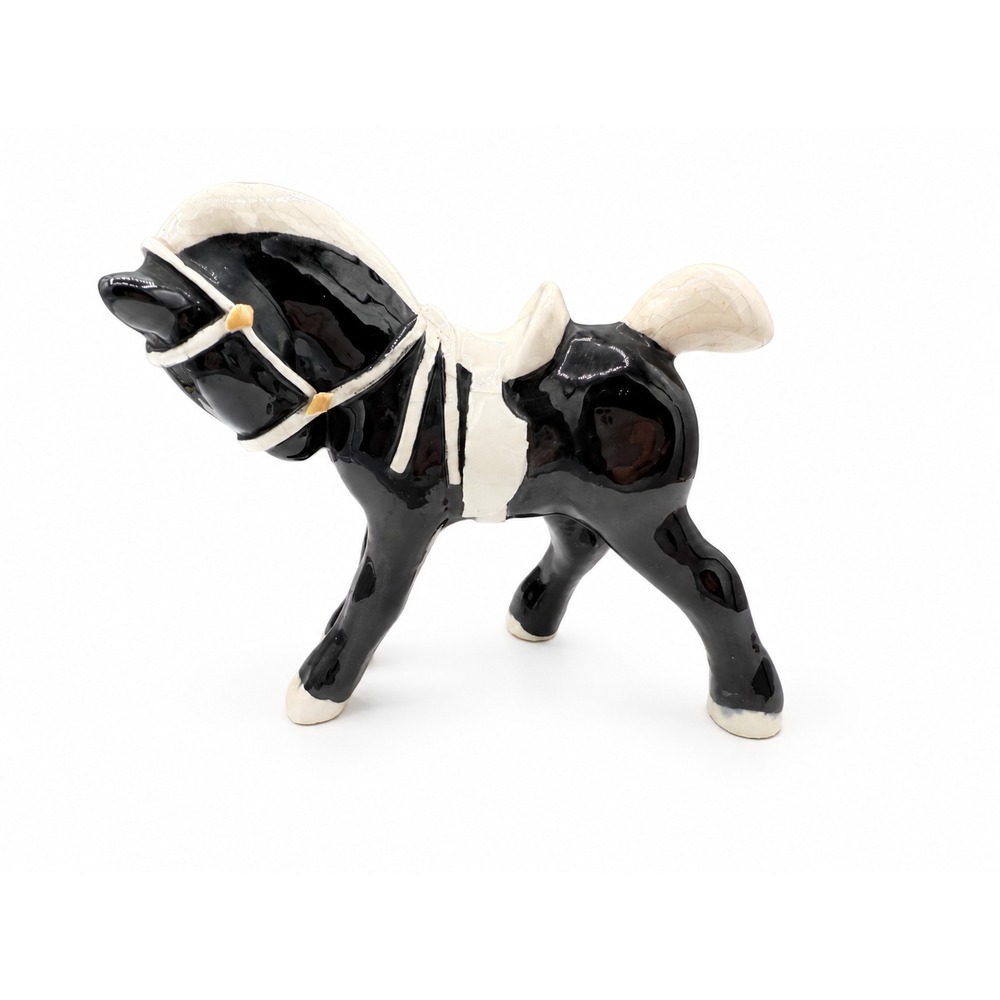 Vintage Ceramic Black White Horse Figurine White Saddle Bridle Japan Style 4.5"